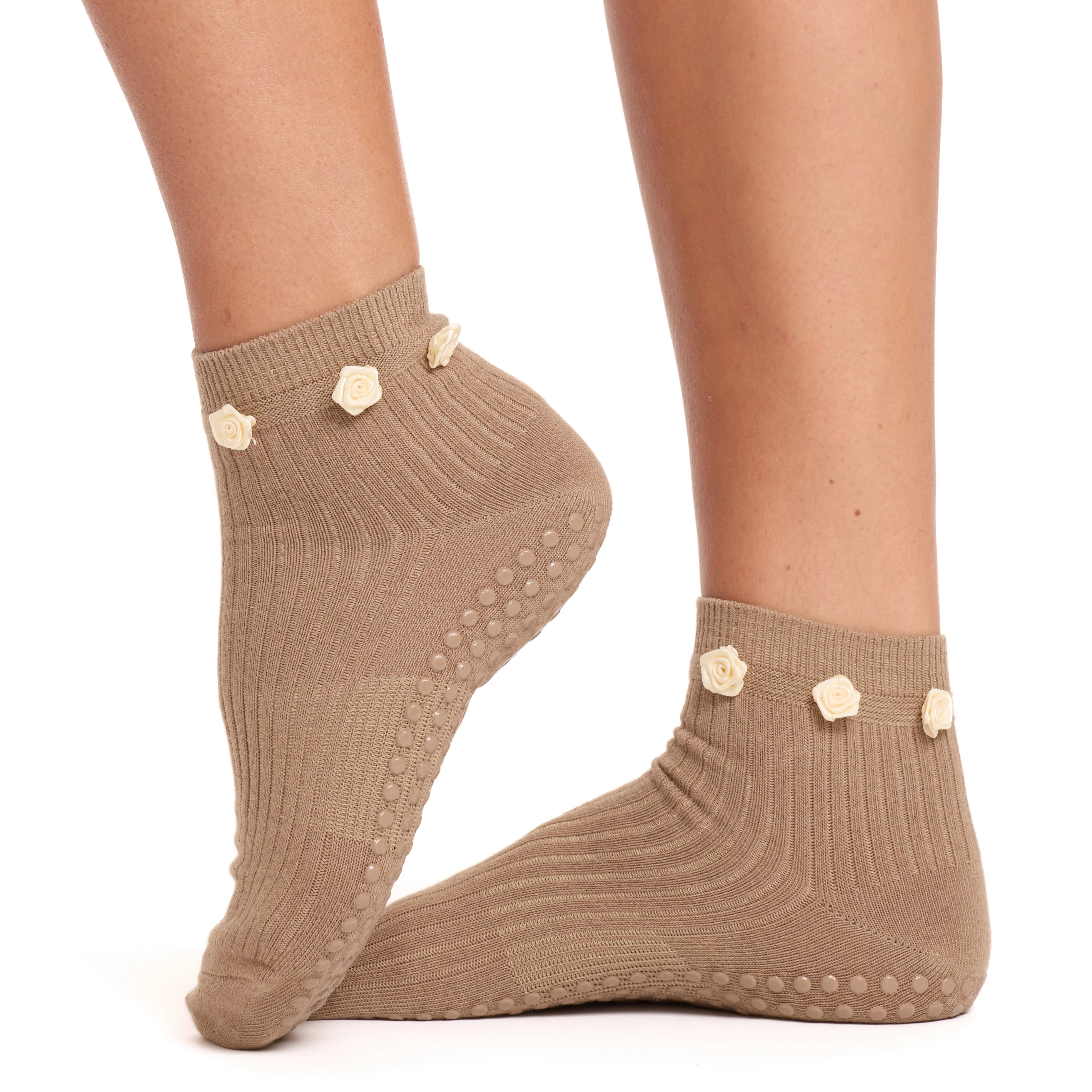 Beige Flower Grip Socks | Souls.
