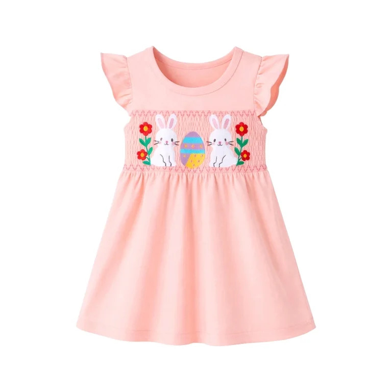 HILEELANG 2–7T Toddler/Little Girls Pink Bunny Easter Smocked Flutter Sleeve Dress Size 7T | Walmart (US)