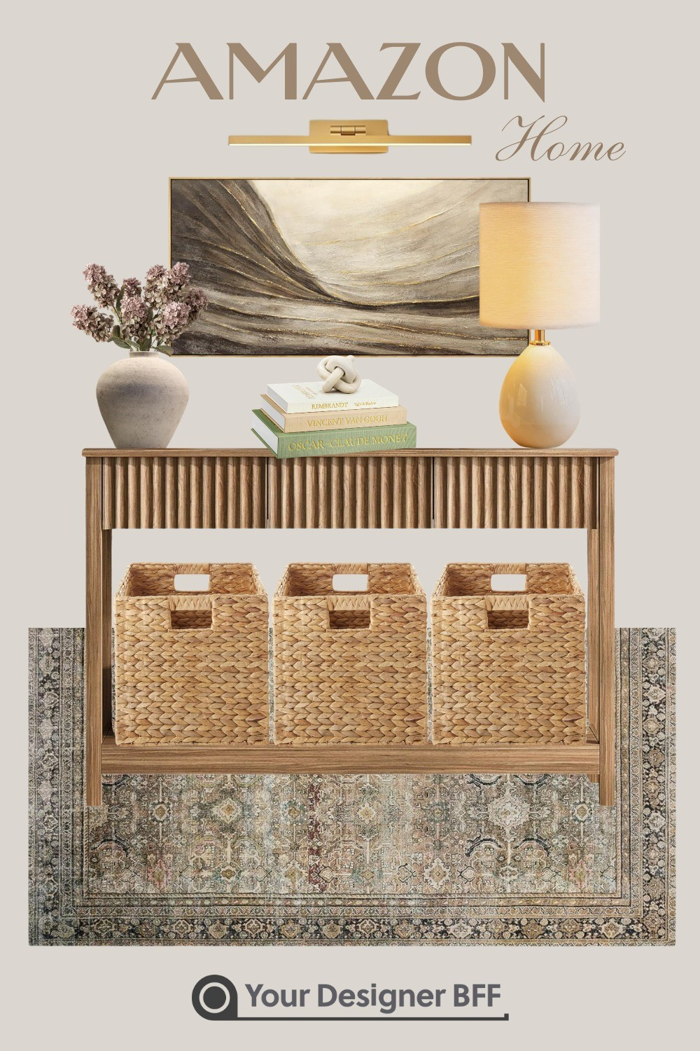 Neutral, warm, and effortlessly elevated 🤍 This Amazon Home console setup brings texture and balance to any space—featuring a fluted wood console, woven baskets for hidden storage, and layered decor with soft florals, stacked art books, and a sculptural accent. Finished with a modern table lamp and abstract wall art for that designer, high-end look without the high price tag. Perfect for entryways, living rooms, or hallways. ✨

#LTKHome