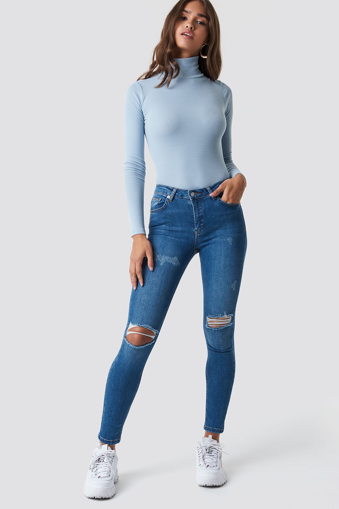 Skinny Mid Waist Destroyed Jeans Mid Blue | NA-KD Global