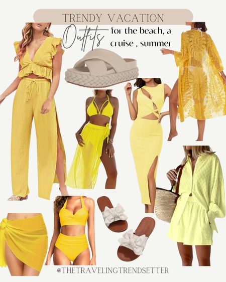Trendy vacation outfit ideas for the beach, summer, cruise, resortwear, travel, yellow, Amazon, to be set, swimsuit, bathing, suit, two-piece, bathing, suit, swimsuit, cover-up,
Sandals 

#LTKShoeCrush #LTKStyleTip #LTKTravel