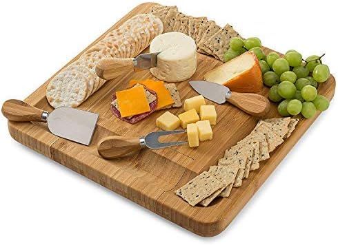 Bamboo Cheese Board Set With Cutlery In Slide-Out Drawer Including 4 Stainless Steel Serving Uten... | Amazon (US)