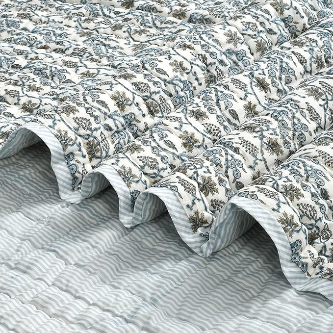 Ridhi Block Print Quilted Baby Blue Eyes Reversible Throw Blanket 100% Cotton Quilt, Cover for Co... | Amazon (US)