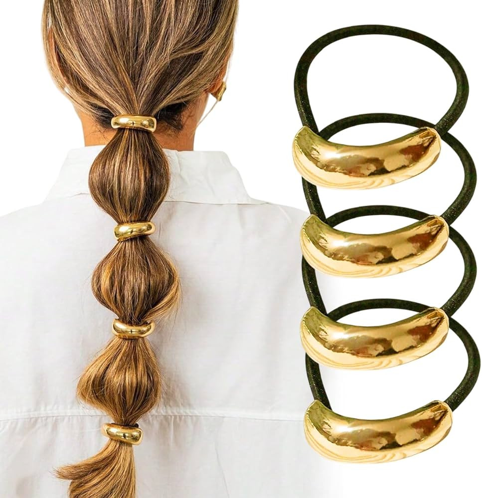 4 Pcs Gold Metal Hair Ties Geometric Elastic Hair Ties, Hair Cuff Wrap Hair Ties for Thick Hair E... | Amazon (US)
