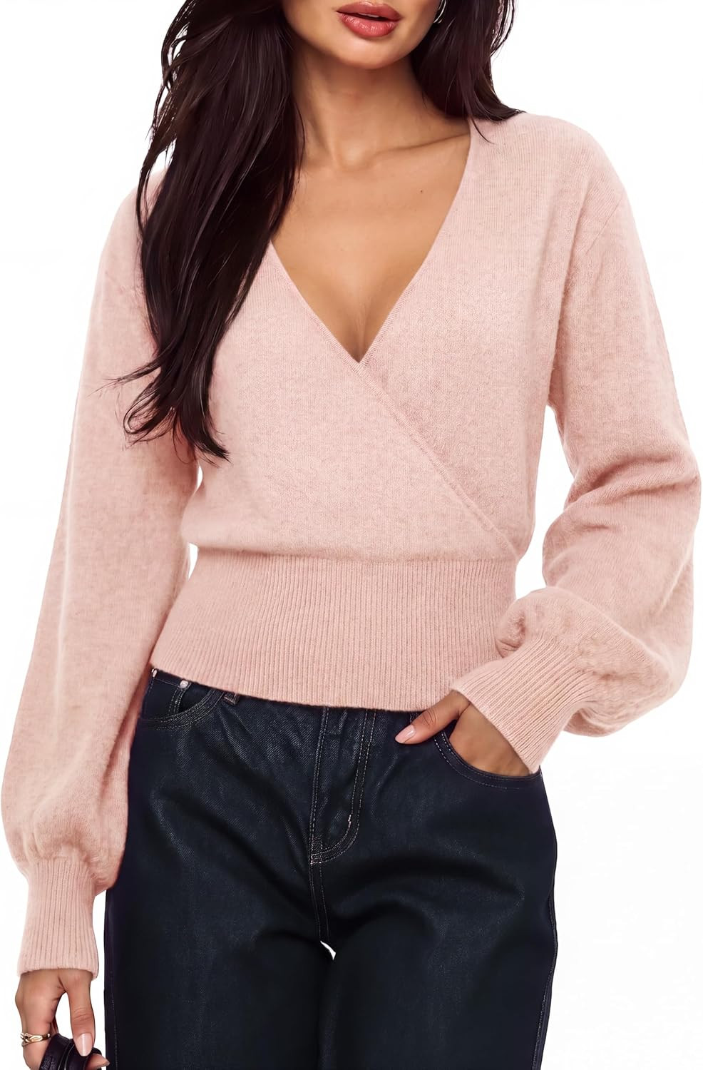 SUUKSESS Women Cashmere Blend V Neck Wrap Sweater Long Sleeve Knit Tops | Amazon (US)