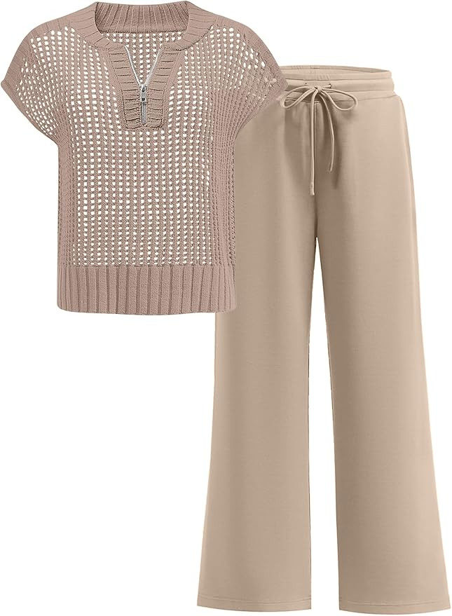 ANRABESS Womens 2 Piece Outfits Crochet Knit Half Zip Sweater Top Wide Leg Pants Summer Lounge Ma... | Amazon (US)
