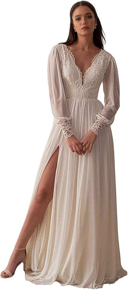 Wedding Dresses for Bride Long Sleeve Boat Neck Button Back Crepe Satin Wedding Gown | Amazon (US)