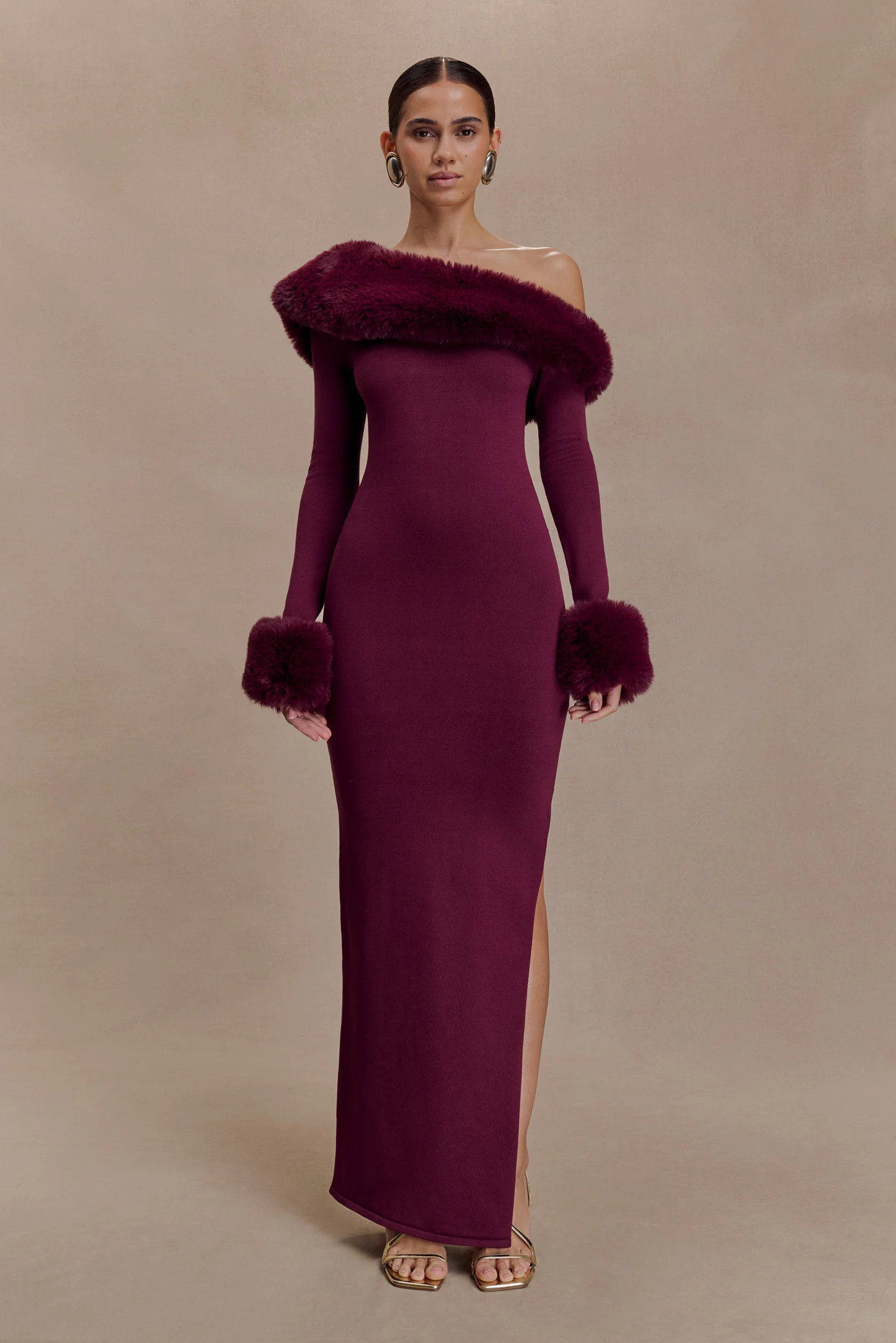 Karleigh Faux Fur Knit Maxi Dress - Plum | MESHKI US