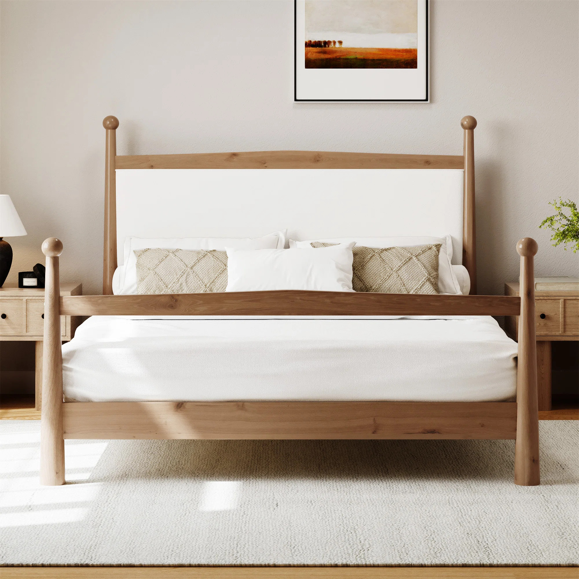 Mid-Century Modern   Solid Pine Wood Platform Bed With Upholstered Headboard In Boucle | Wayfair North America