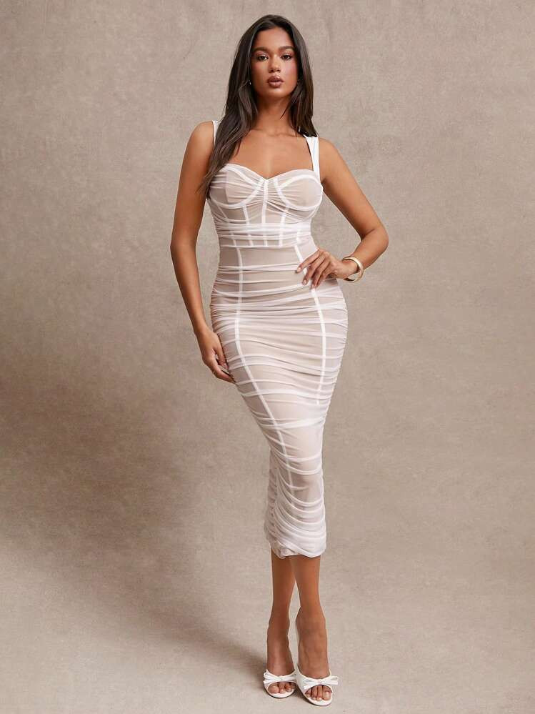 SHEIN BAE Women's Summer Dress For Mother's Day, Corset White Mesh Dress With Gathered Pleats, Imitation See-Through Flesh Long Dress,Ladies Elegant,Sexy Backless,Ruched,Zipper Sleeveless Straps Slim Fit Long White Plain Cami Women Long Dresses,Spring/Summer,Casual Daily Wear | SHEIN