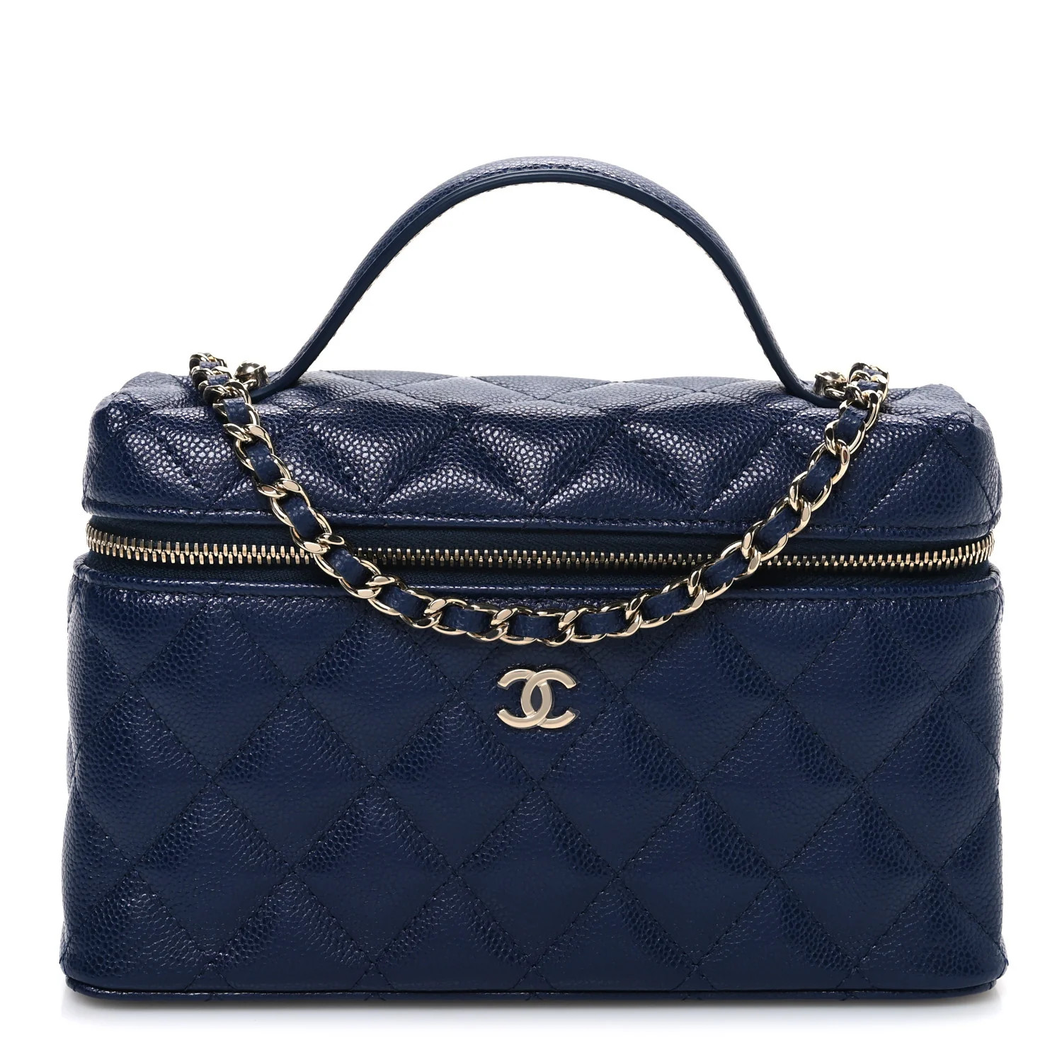 Chanel Caviar Quilted Top Handle Slim Vanity With Chain Navy 1834396 | FASHIONPHILE (US)