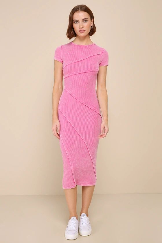 Washed Pink Ribbed Seamed Midi Dress | Pink Summer Dress | Pink Midi Dress | Lulus
