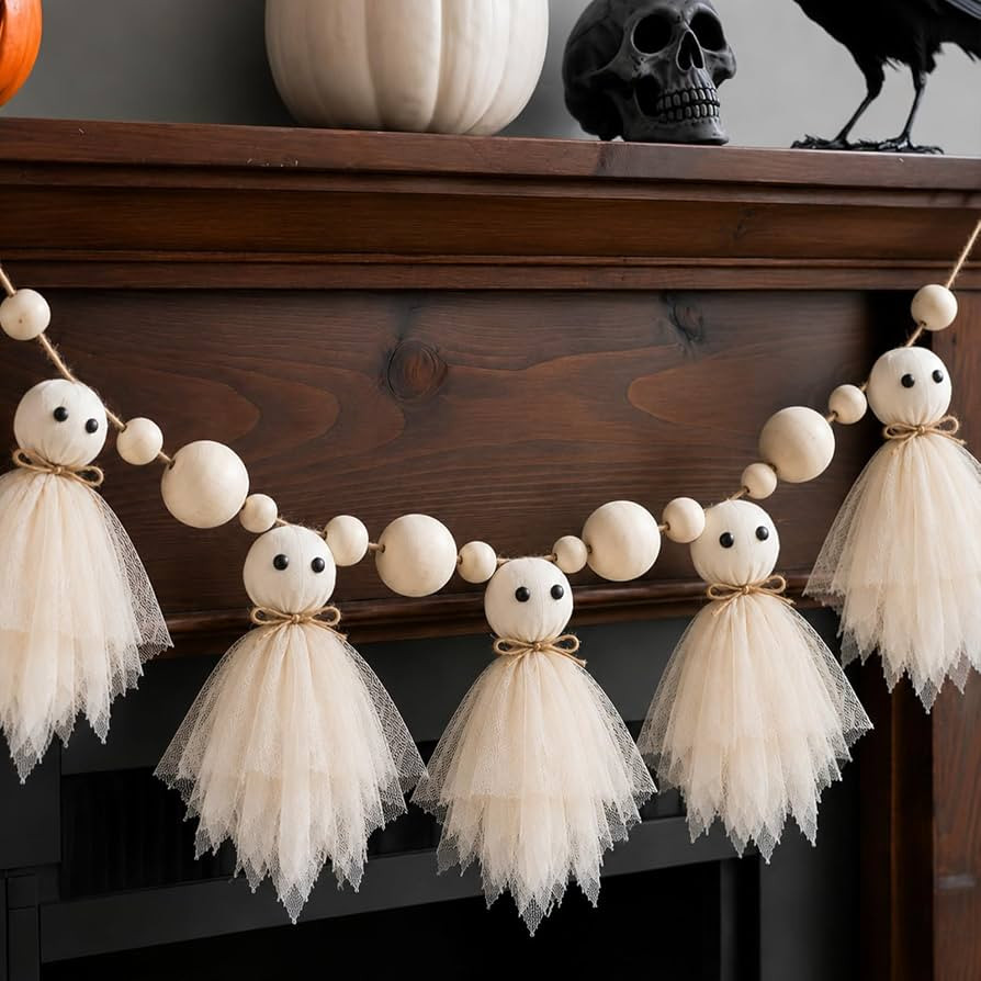 6.5Ft Halloween Ghost Garland with Wooden Beads, Handmade Cute Ghost Decor | Amazon (US)