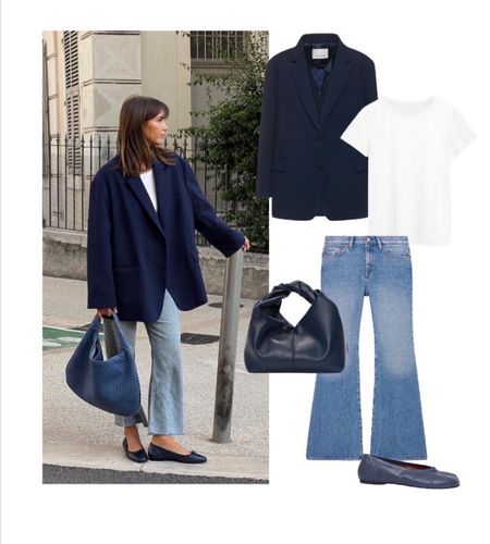 Steal her style ! 
Update your navy blazer so it’s slouchy , update jeans to the new shape . Layer over a white tee then toss on flats & a relaxed bag !
Shop the look !