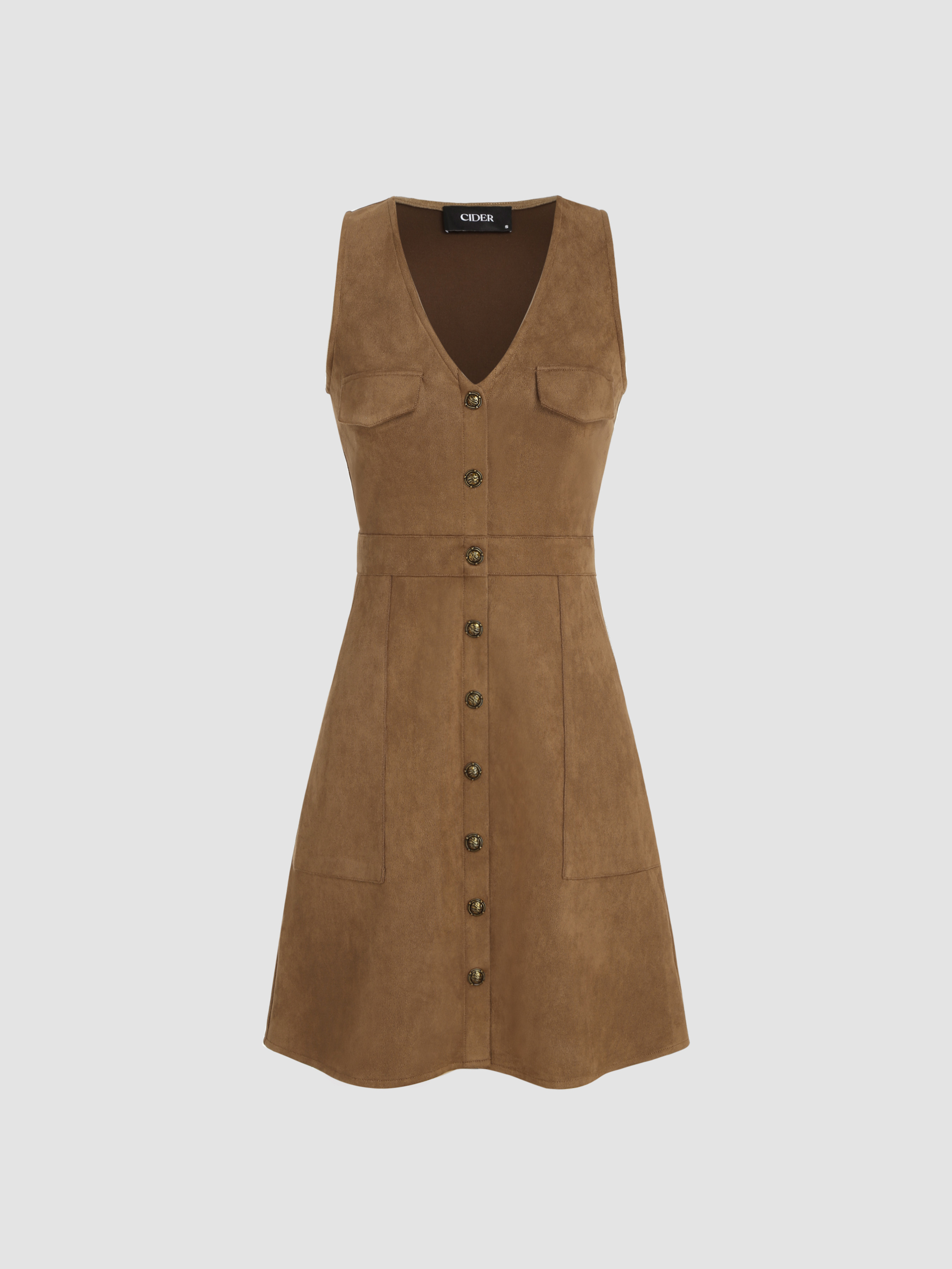 Suede V-neck Solid Button Mini Dress | Cider