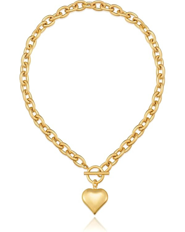 Retro Heart Charm Necklace, Chunky Thick Chain Necklaces with Puffy Heart Pendant, Gift for Women | Amazon (US)