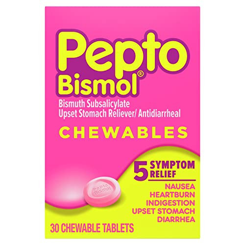 Pepto Bismol Chewable Tablets, Upset Stomach Relief, Nausea Relief, Heartburn Relief, Indigestion Relief, Anti Diarrhea Medication for Adults - 5 Symptom Relief, 30 ct | Amazon (US)
