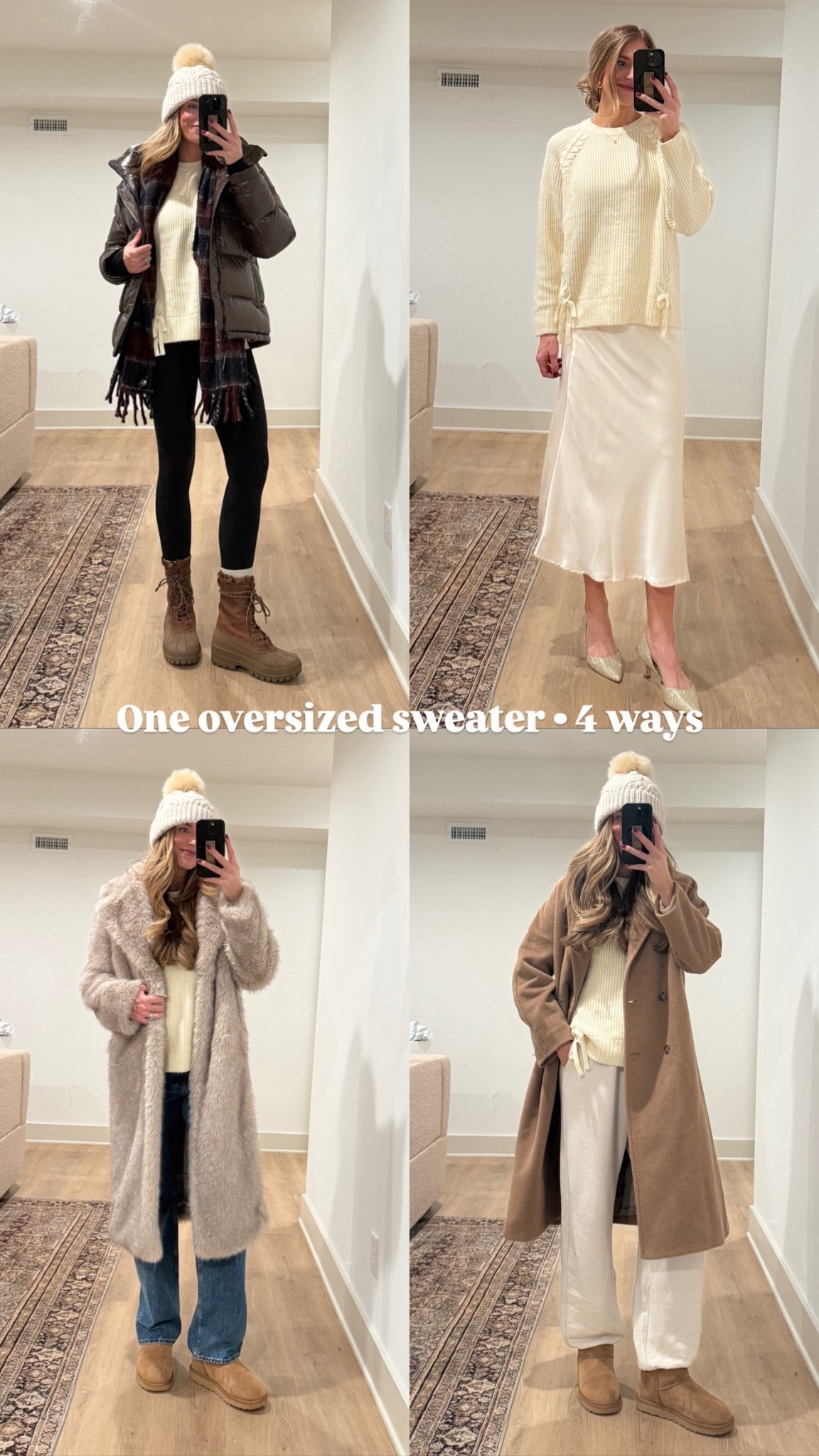 One oversized sweater 4 ways
Sizing:
Sweater runs oversized. Still wearing medium for extra length
Small tall in leggings and joggers
Medium in skirt for bump
Sized up to 29 in jeans for bump but they do run slightly bigger if you are not pregnant 
Medium tall in camel coat
Medium in fur coat
Medium in puffer coat

#LTKBump #LTKTall #LTKHoliday