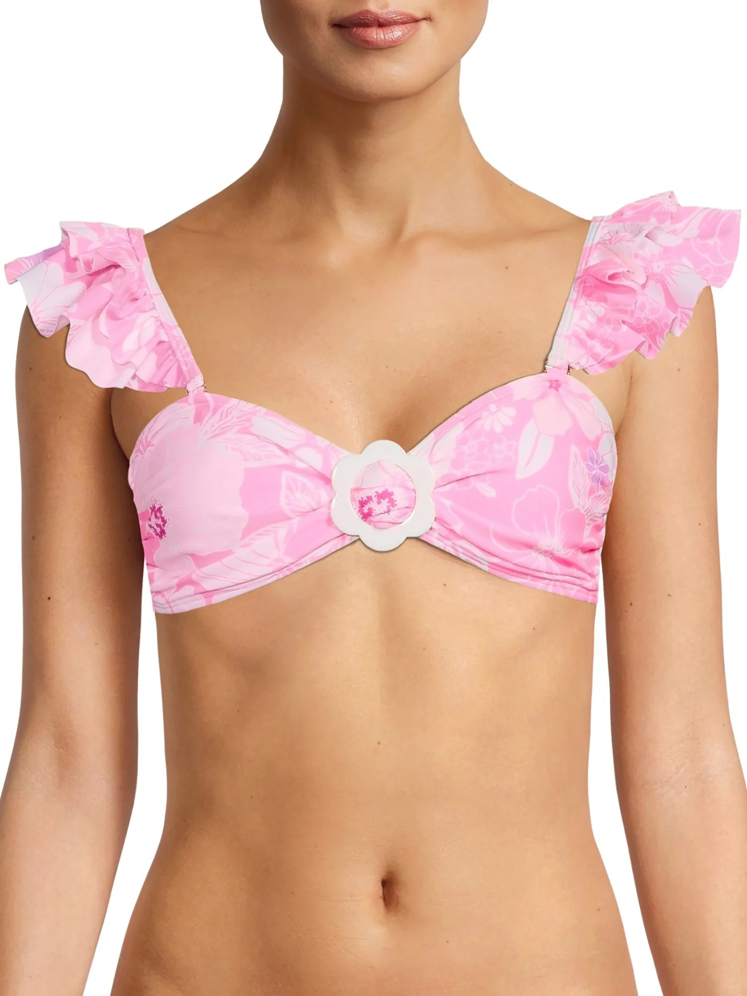 No Boundaries Juniors' Ruffle Strap Floral Bandeau Swim Top | Walmart (US)
