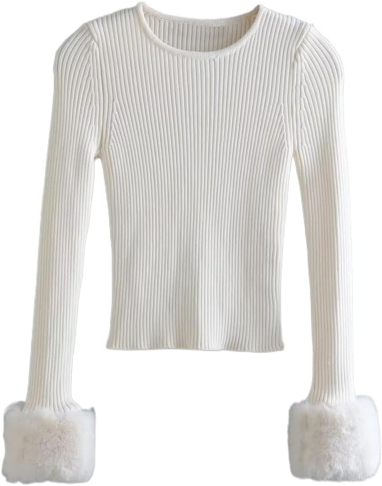 Fur Cuff White Cropped Sweater Women Long Sleeves with Faux Fur Knit Top Fall Winter Sweaters Top... | Amazon (US)
