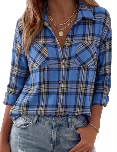 Zeagoo Fall Top Women's Flannel 2026 Outfits Long Sleeve Plaid Shirt Blue | Amazon (US)