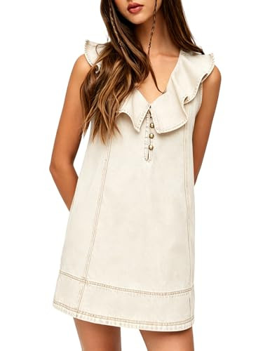 CHARTOU Women Summer Denim Mini Dress Casual Loose Ruffle Collar Sleeveless Buttons Shift Jean Dr... | Amazon (US)