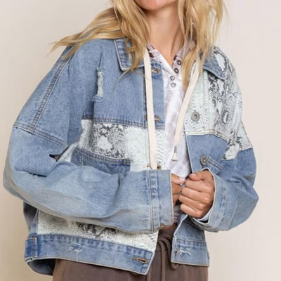 Womens Button Down Distressed Leopard Denim Jean Jacket Washed Long Sleeve Ripped Oversized Jean Coat | Target