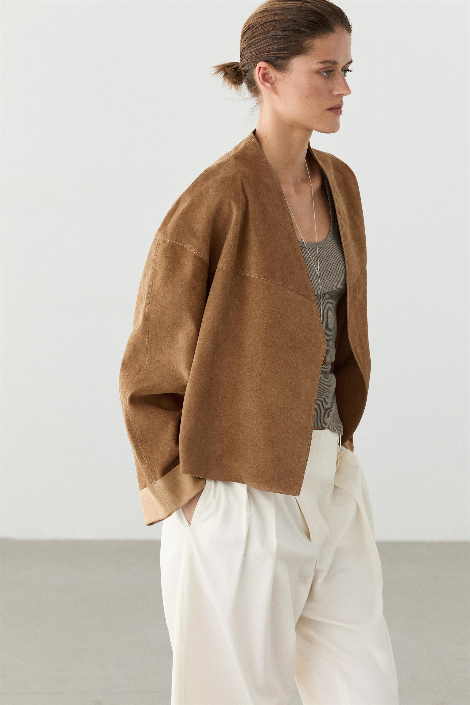 Short double-breasted suede leather jacket | Massimo Dutti UK