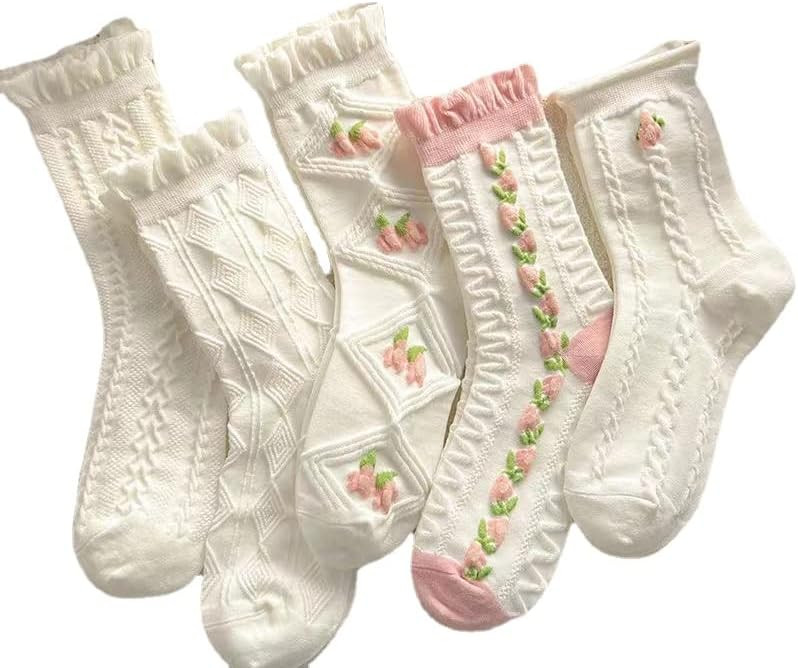 5 Pairs White Cute Socks, Women's Lace Ruffles Ankle Casual Sock, Cottagecore Breathable Mid Tube... | Amazon (US)