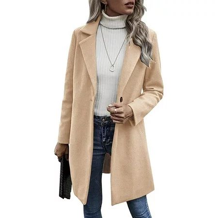 Bicoasu Women s Fashion Casual Solid Color Pocket Loose Long Sleeve Temperament Wool Coat Beige XXL | Walmart (US)