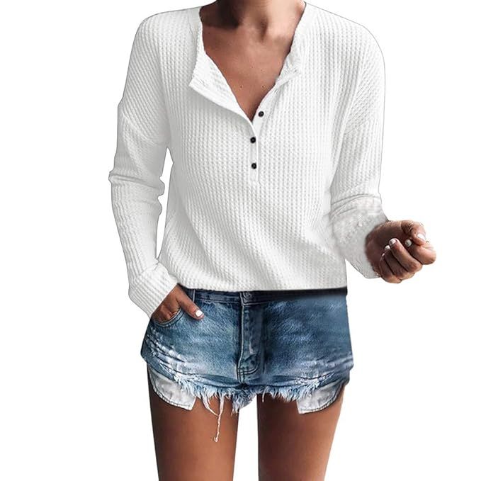Womens Tops,Women Sweater Casual Long Sleeve Henley Shirt Rib Knit Blouse Button Tunic Tops | Amazon (US)