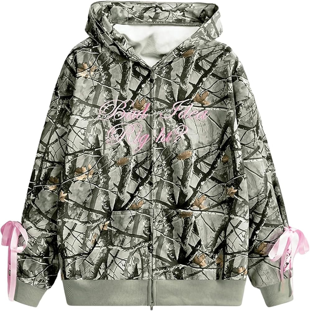 Women's Zip Up Camo Hoodie Letter Embroidered Sweatshirt Vintage Long Sleeve Bow Hooded Coat Jack... | Amazon (US)