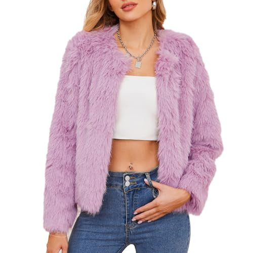 Zando Purple Fur Coat Women - Purple Fur Jackets for Women Formal Long Sleeve Pockets Shaggy Cropped Jacket Womens Fluffy Warm Winter Coats 2026 for Daily Weddings Parties Office L | Amazon (US)