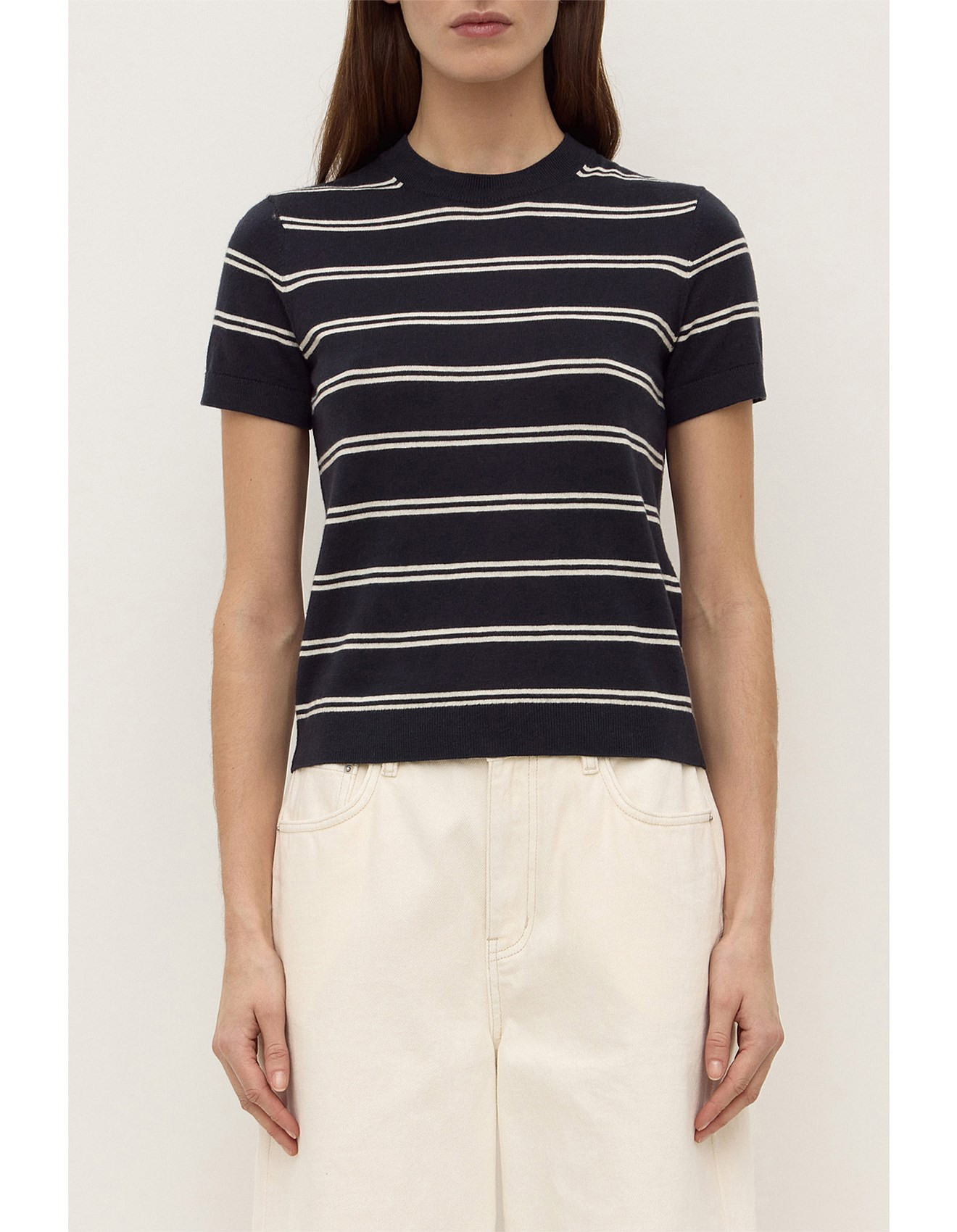 Allison Stripe Cotton Cashmere Tee True Navy / Cream | David Jones (Australia & New Zealand)