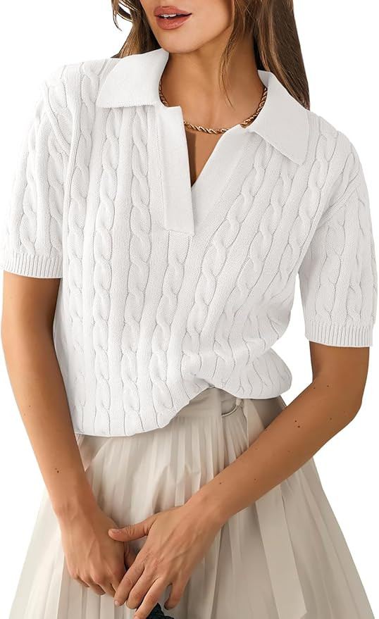 ANRABESS Women's Short Sleeve Sweaters Tops Polo V Neck Cable Knit Casual Soft Pullover Shirts 20... | Amazon (US)