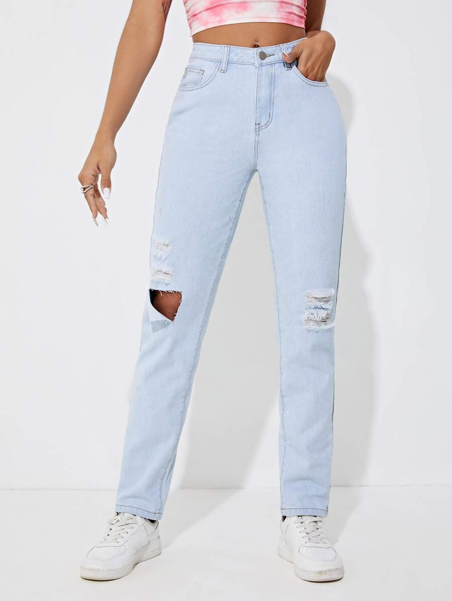 Ripped Frayed Straight Leg Jeans | SHEIN