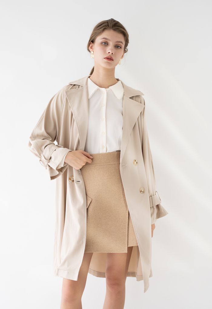 Belted Double-Breasted Chiffon Trench Coat in Sand | Chicwish