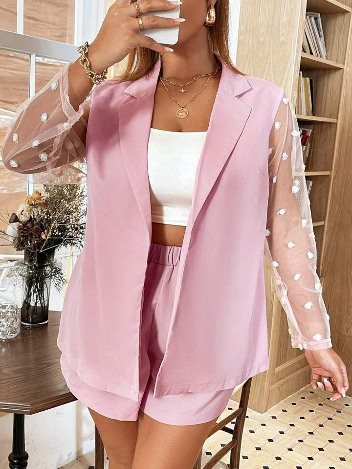 SHEIN Privé Plus Size Mesh Patchwork Suit Jacket & Shorts Suit | SHEIN