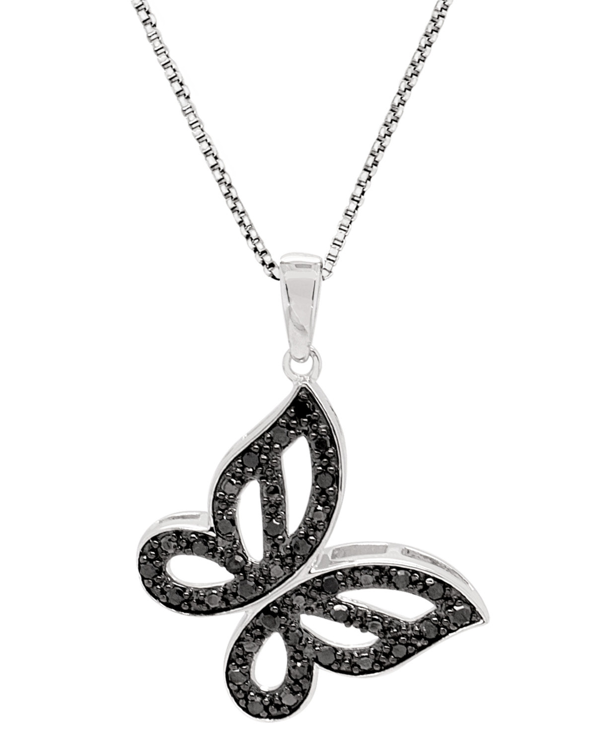 Black Diamond Pave Butterfly 18" Pendant Necklace (1/6 ct. t.w.) in Sterling Silver - Sterling Silver | Macy's
