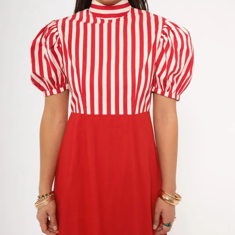 70s Candy Striped Dress Puff Sleeve Maxi Red White Cotton High Neck Prairie Empire Waist Scarlet ... | Etsy (Global)