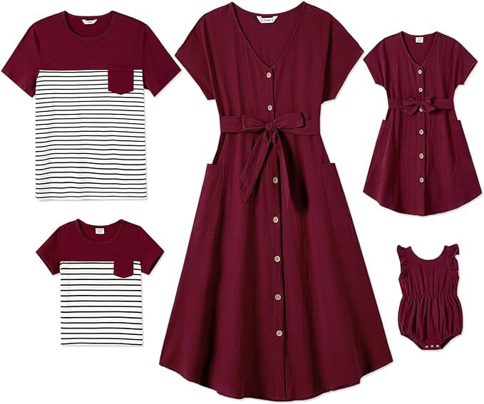 PATPAT Family Matching Outfits Mommy and Me Dress Short-Sleeve Belted Bowknot Dresses and T-Shirt... | Amazon (US)