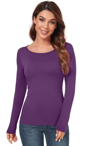 Women Long Sleeve Crew Neck Scoop Neck Rayon Slim Fit Stretchy Layer T Shirts Tops Purple Medium | Amazon (US)