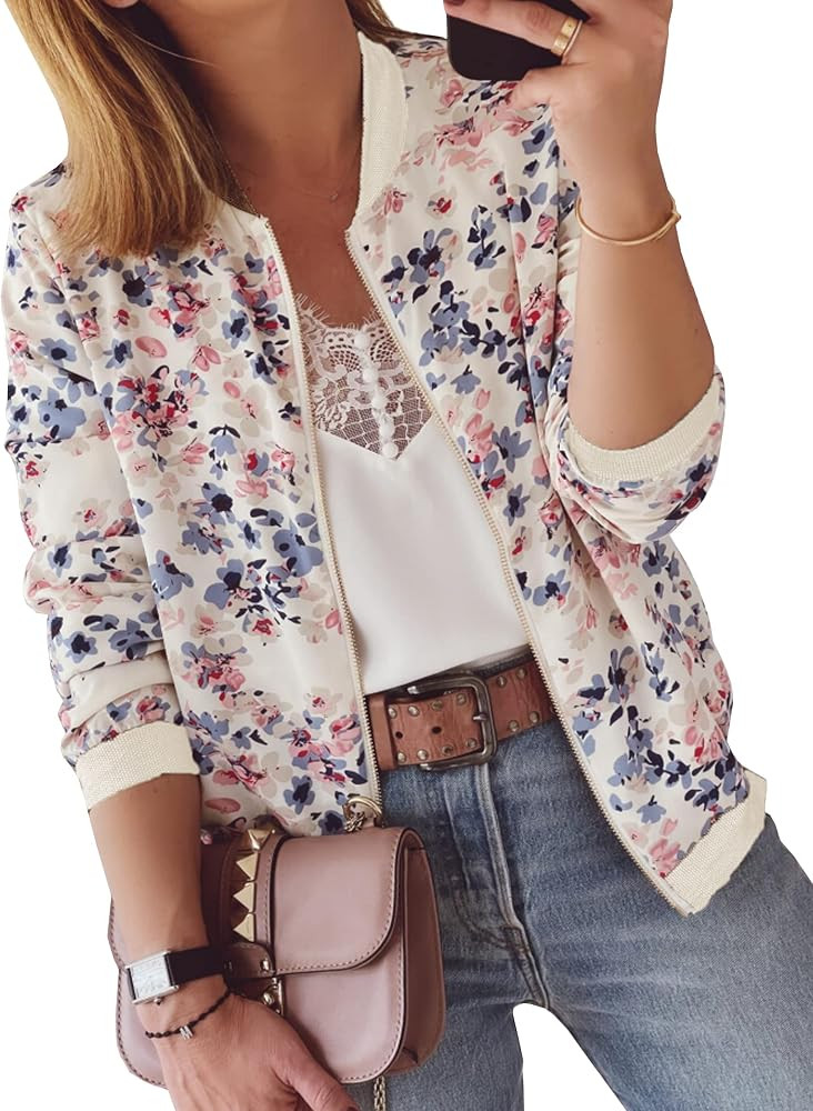 ECOWISH Women's Casual Floral Zip Up Bomber Jacket Coat Stand Collar Lightweight Short Outwear To... | Amazon (US)