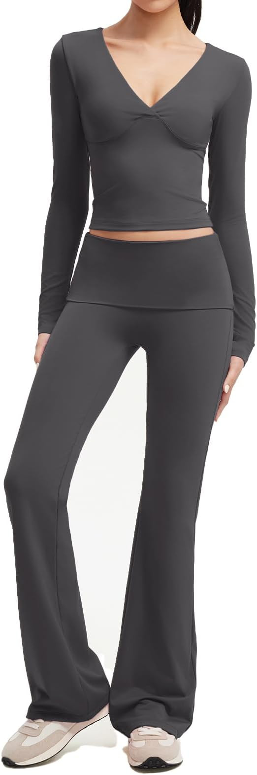 SUUKSESS Women 2 pieces Lounge Sets Long Sleeve V Neck Tops Fold Over Flare Leggings | Amazon (US)