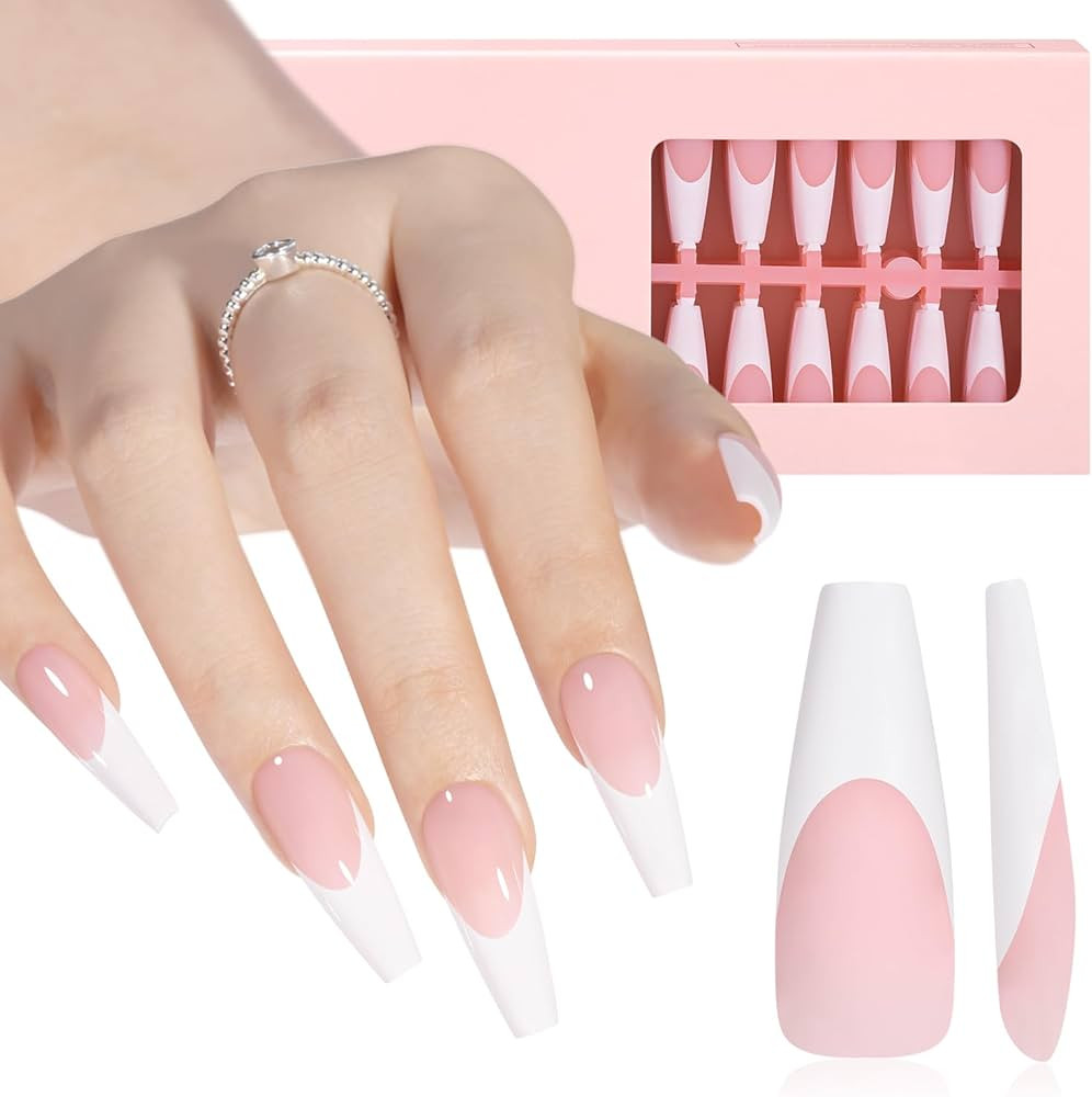 AILLSA French Gel Nail Tips, 180 Pcs French Tip Press On Nails Long Coffin Pink, Pre-Applied Prim... | Amazon (US)