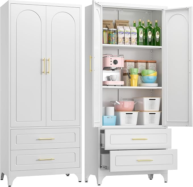 75" White Kitchen Pantry Cabinet with 2 Drawers, Metal Storage Cabinets with Doors and Adjustable... | Amazon (US)