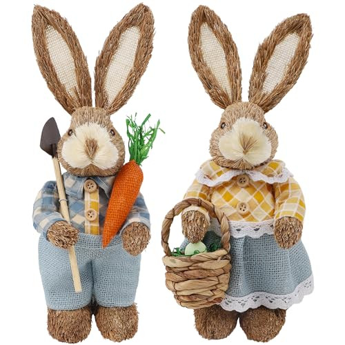 DR.DUDU Set of 2 Easter Decorations 13" Bunny Figurines Tabletop Spring Decor, Rustic Straw Bunny... | Amazon (US)