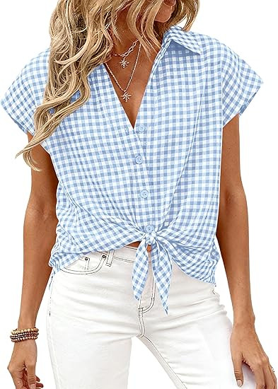 PRETTYGARDEN Womens Short Sleeve Shirts Plaid Button Down Blouse Dressy Casual 2026 Summer Spring... | Amazon (US)