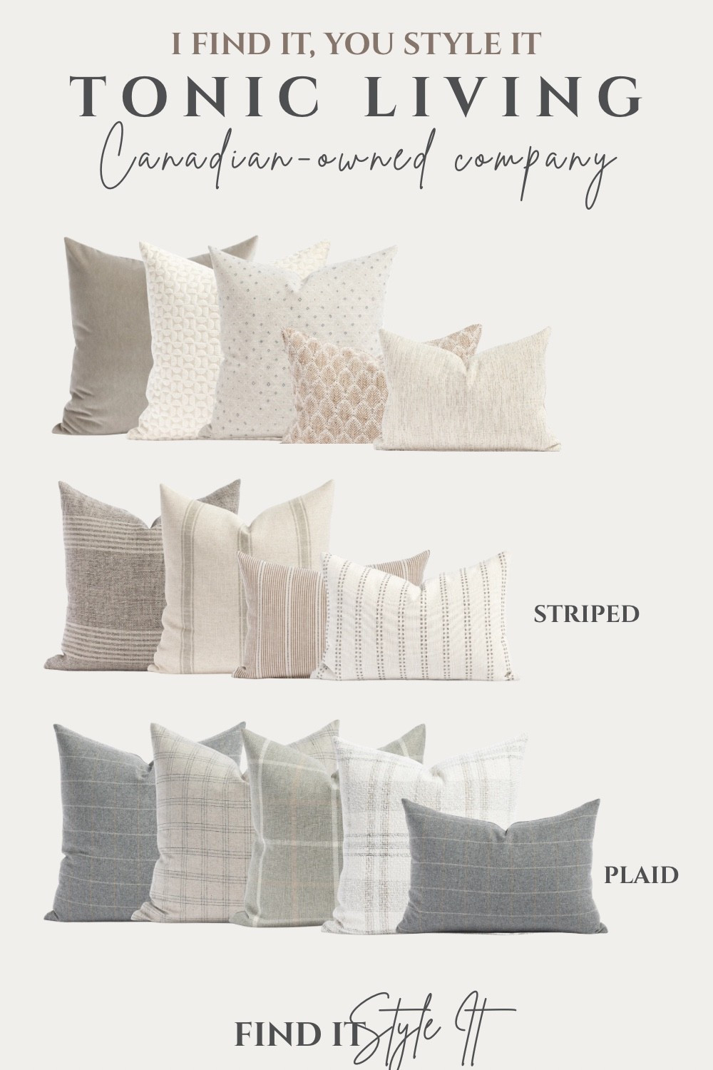 If you’re looking for Canadian-made home decor, Tonic Living is it. 🇨🇦
These pillow covers are handcrafted in Canada and come in timeless patterns like plaid, stripe, and textured neutrals — perfect for layering and adding warmth to your space.

Sizing guide:
22” back pillow 
20” middle pillow
lumbar pillow on one side of the sofa (that’s my personal preference but play around and find what works best for you!)



#ltkhome #accentpillows #pillowcovers #ltkunder100 #ltkgiftguide #neutraldecor #TonicLiving #CanadianMade #NeutralHomeDecor #ModernOrganicHome #HomeDecorInspo #PillowStyling #ThrowPillows #TexturedPillows #CozyHomeStyle #ShopCanadian #NeutralAesthetic #StyledWithPillows #CanadianSmallBusiness #FindItStyleIt #IFindItYouStyleIt

#LTKcasa #LTKcanada #LTKstyletip
