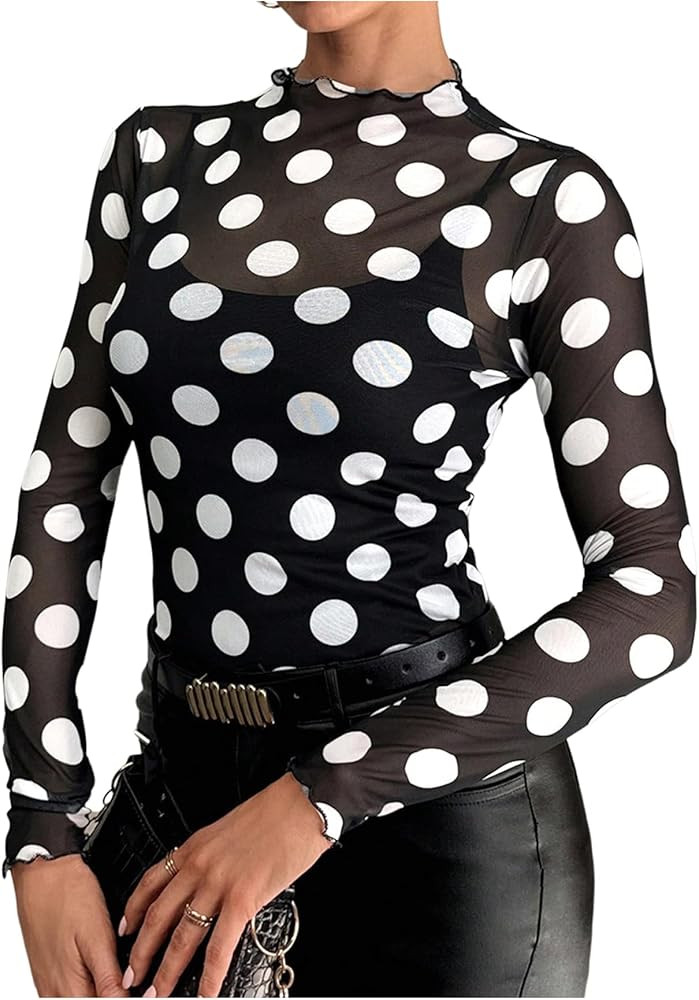 WDIRARA Women's Sheer Leopard Print Lettuce Trim Top Mock Neck Long Sleeve T Shirt Mesh Crop Tops | Amazon (US)